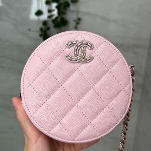 CHANEL Light Pink Quilted Round Clutch with chain